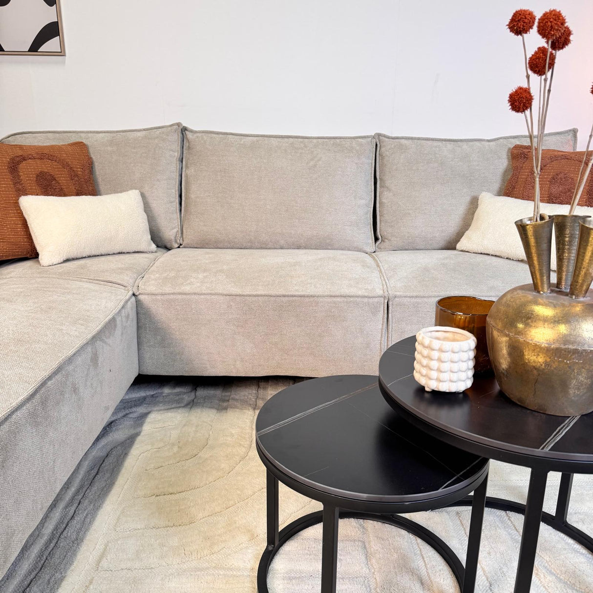 Canapé d'angle avec chaise longue beige en chenille Yara - gauche 
