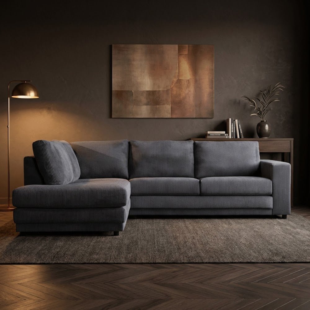 Canapé d'angle en tissu rayé anthracite, canapé gonflable Gabi - gauche 