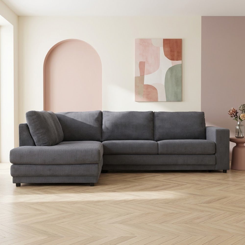 Canapé d'angle en tissu rayé anthracite, canapé gonflable Gabi - gauche 