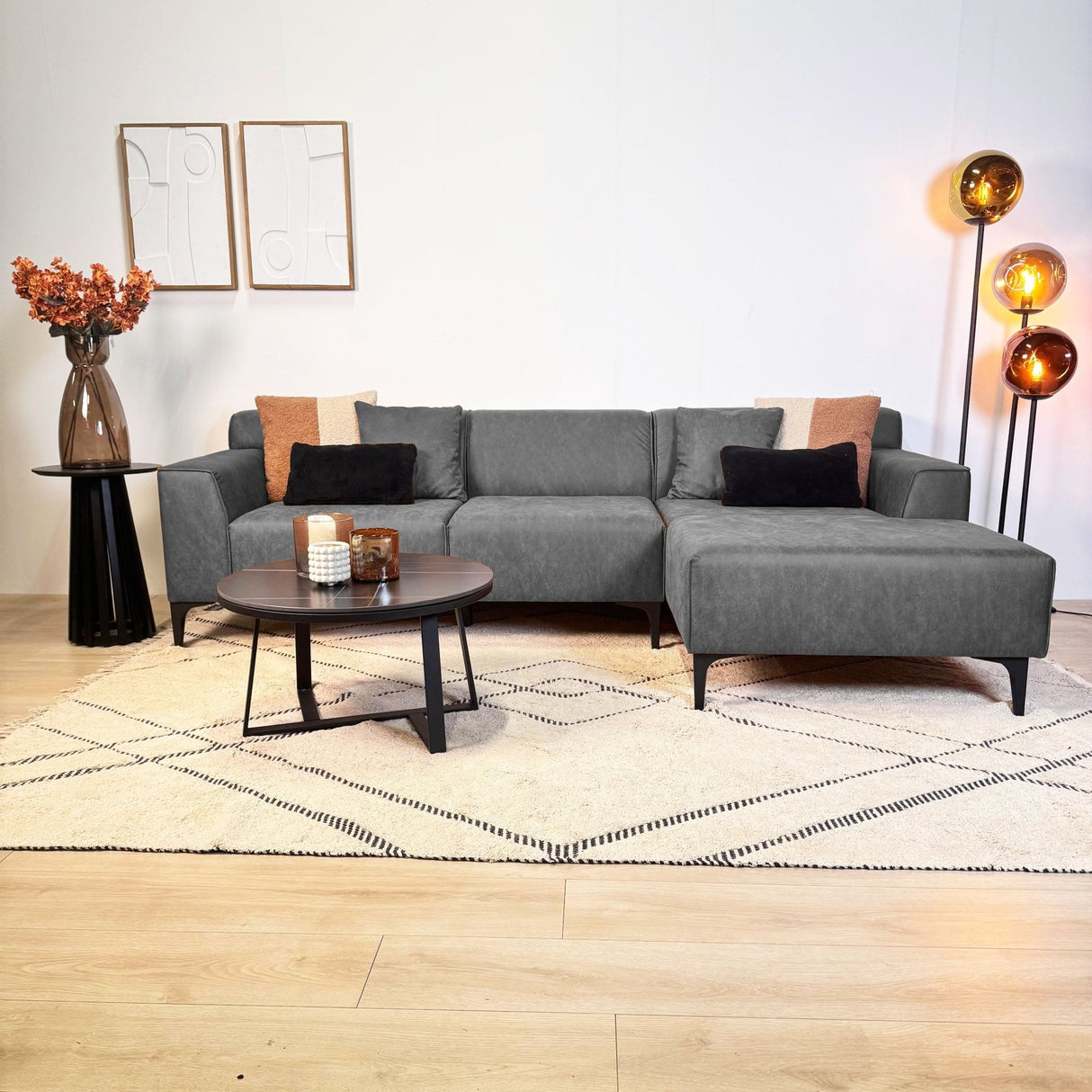 Canapé d'angle avec lounge compact en microfibre anthracite Davidson - droit 