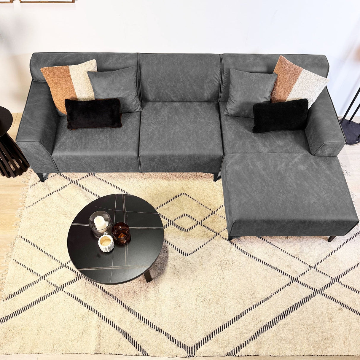 Canapé d'angle avec lounge compact en microfibre anthracite Davidson - droit 