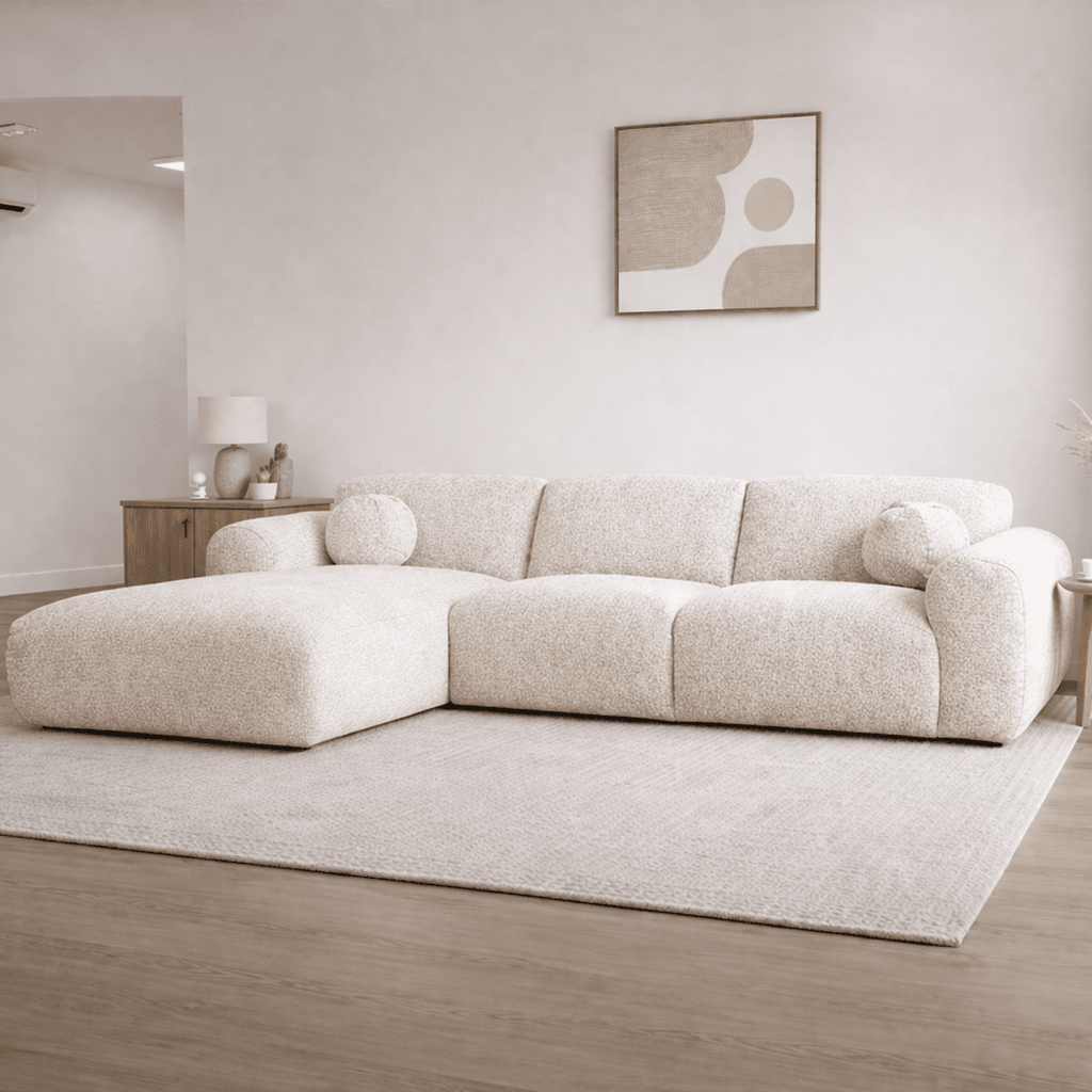 Canapé d'angle tissu bouclé beige - 292x169 cm - Shane - gauche