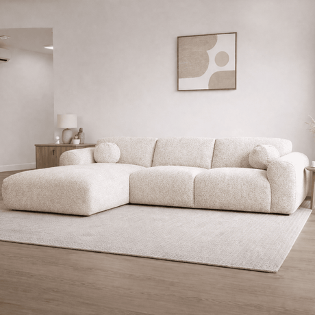 Canapé d'angle en tissu chenille beige Shane - à gauche