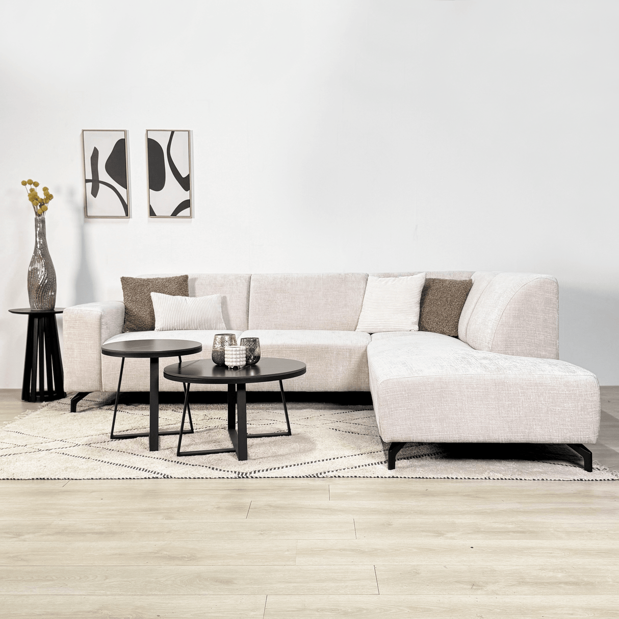 Canapé d'angle avec chaise longue en tissu chenille beige Manon - droit 