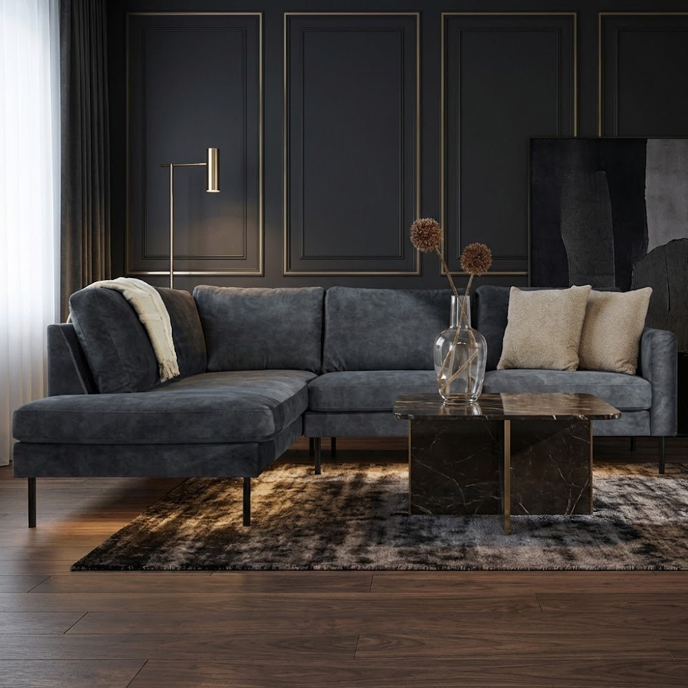 Canapé d'angle en velours anthracite avec pieds hauts Gaya - gauche 