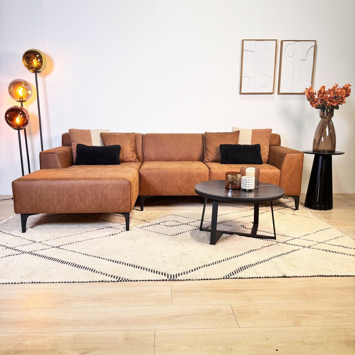 Canapé d'angle avec salon compact en microfibre cognac Davidson - gauche 