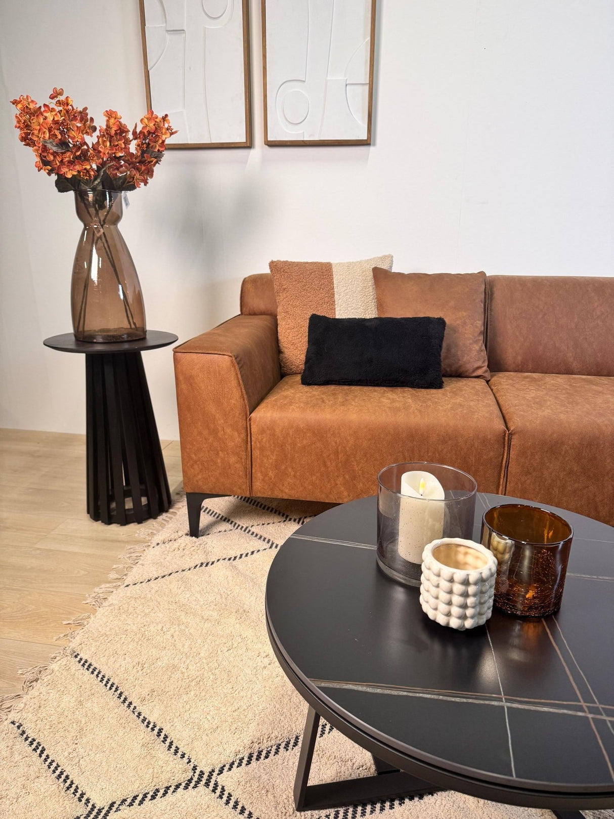 Canapé d'angle avec lounge compact en microfibre cognac Davidson - droit 