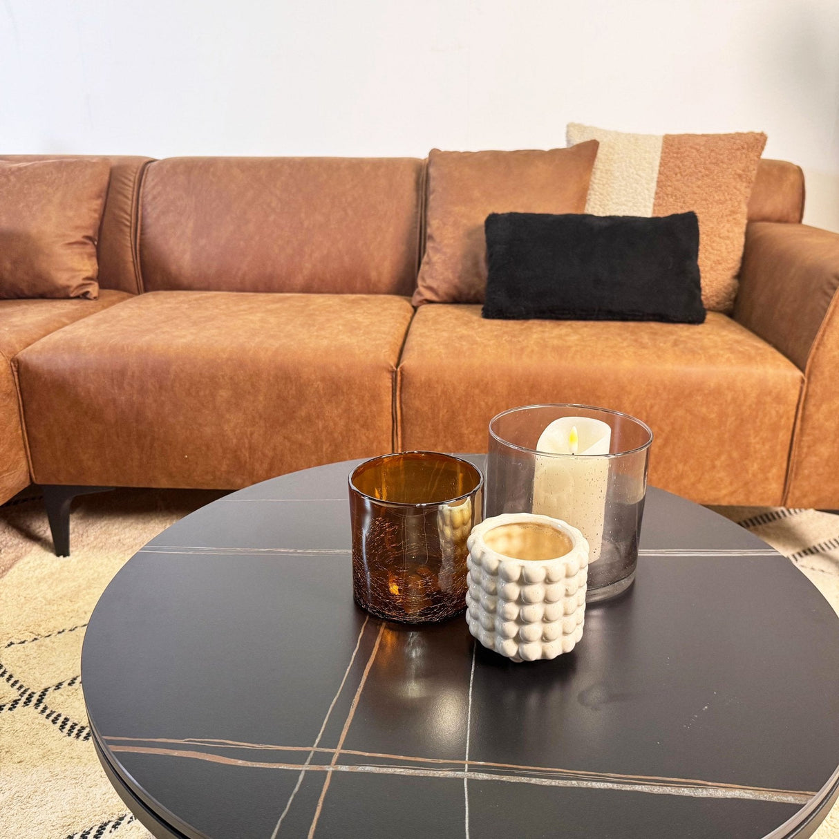 Canapé d'angle avec salon compact en microfibre cognac Davidson - gauche 