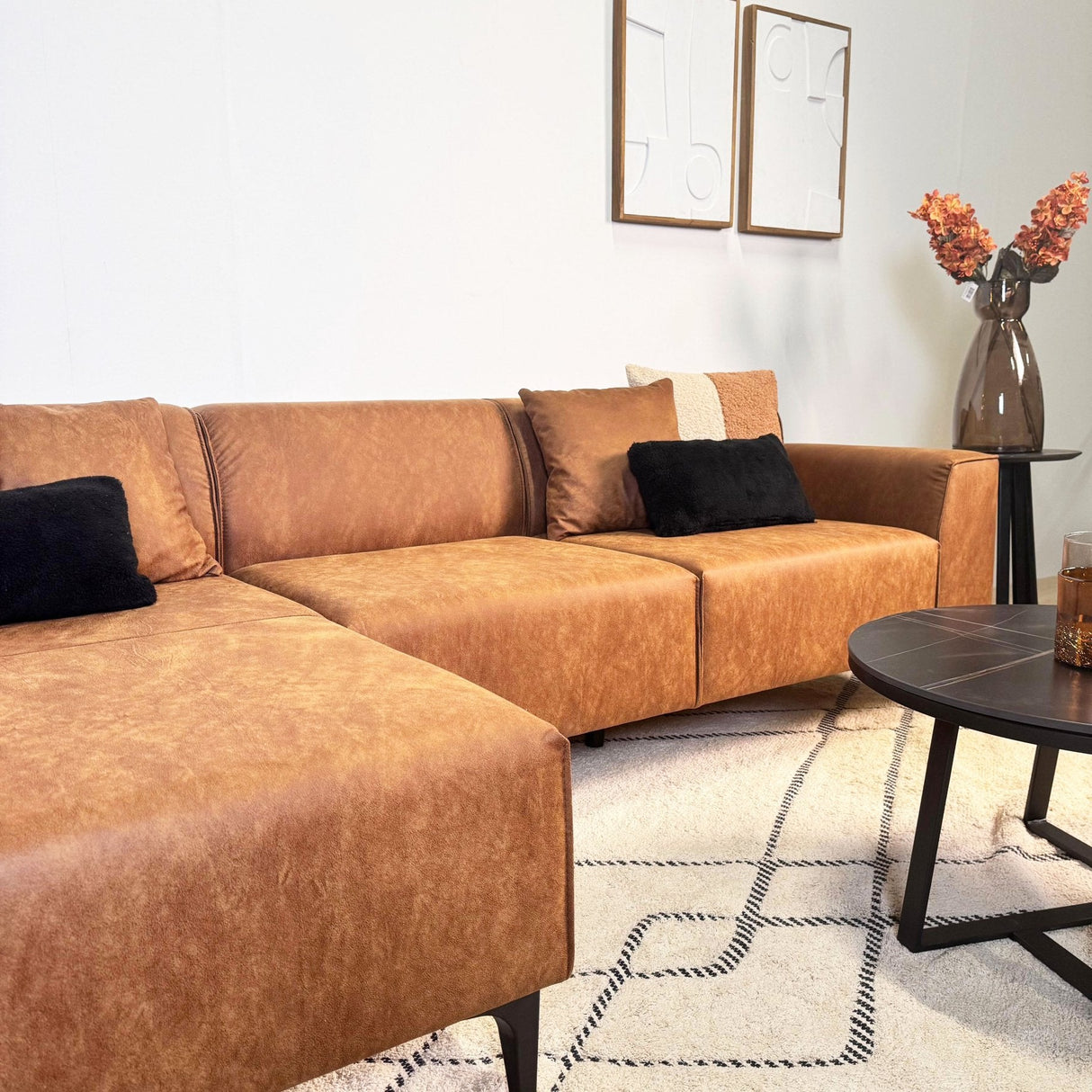 Canapé d'angle avec salon compact en microfibre cognac Davidson - gauche 