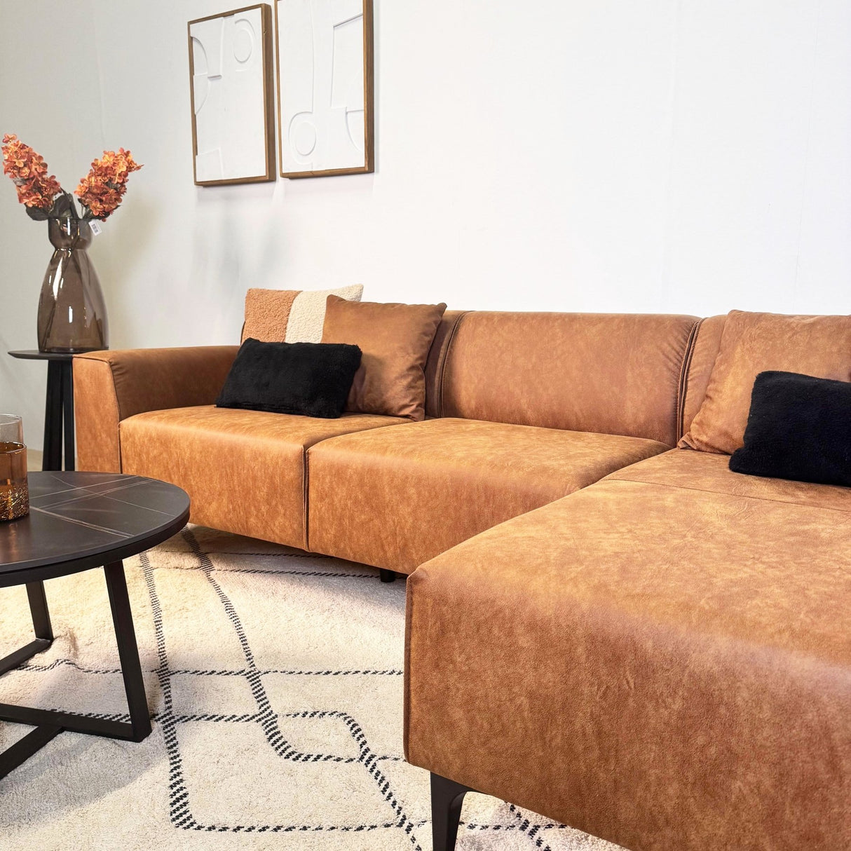 Canapé d'angle avec lounge compact en microfibre cognac Davidson - droit 