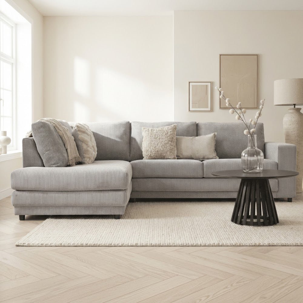 Canapé d'angle en tissu rayé gris clair, canapé-lit Gabi - gauche 