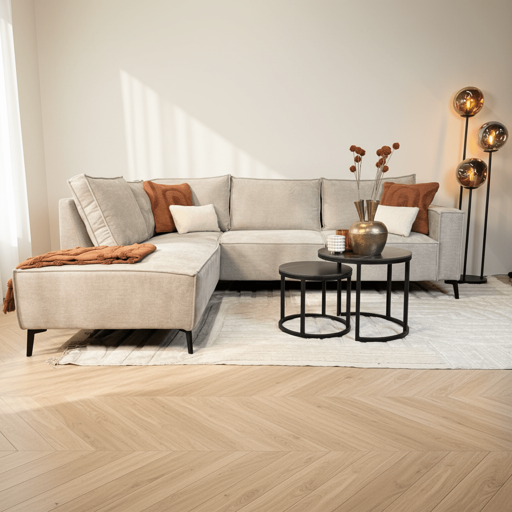 Canapé d'angle avec chaise longue beige en chenille Yara - gauche 