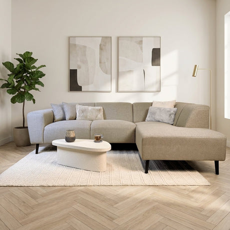 Hoekbank met compacte lounge beige gerecyclede stof Moby - rechts sfeerfoto in modern interieur