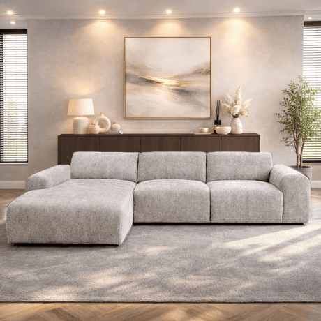 Canapé d'angle en tissu chenille beige Shane - à gauche