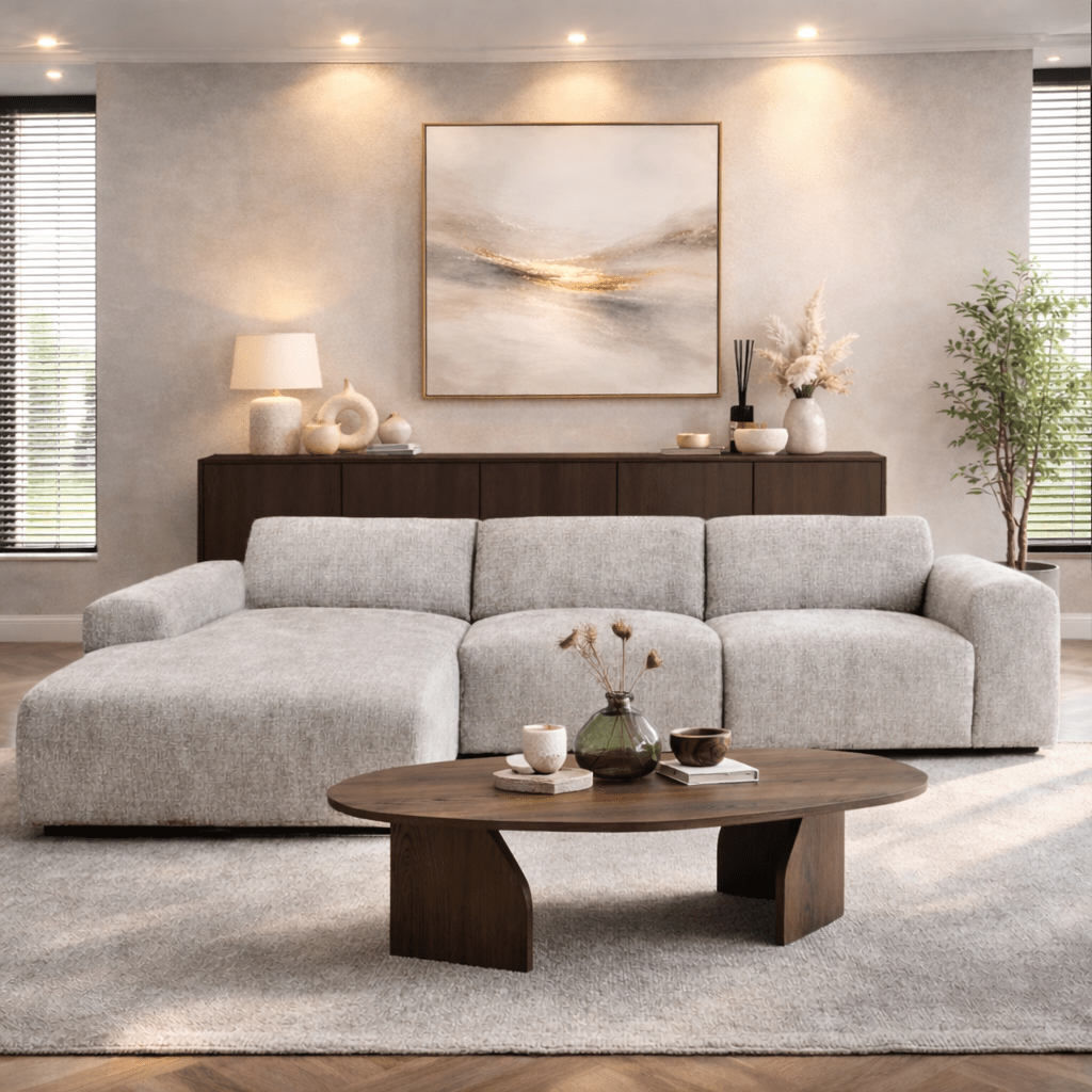 Canapé d'angle en tissu chenille beige Shane - à gauche