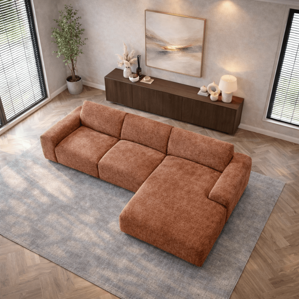 Canapé d'angle avec méridienne en tissu chenille cuivré Shane - à droite