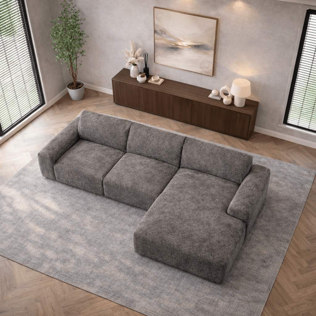 Canapé d'angle avec revêtement en chenille taupe Shane - à droite