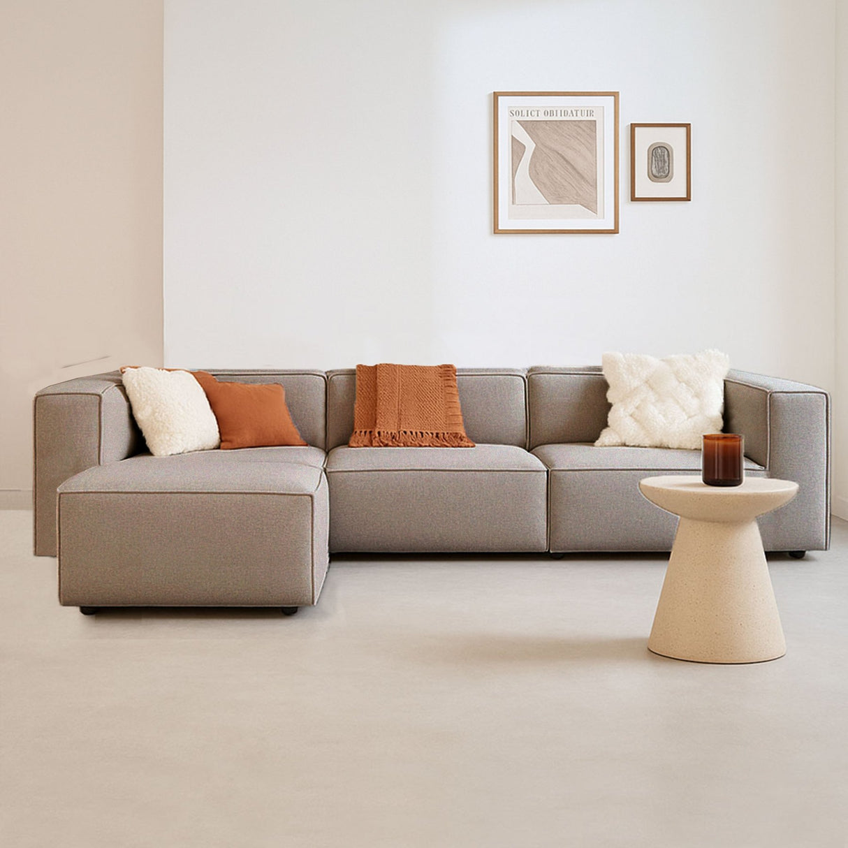 Canapé d'angle modulaire Fora avec pouf séparé en tissu lin - marron 