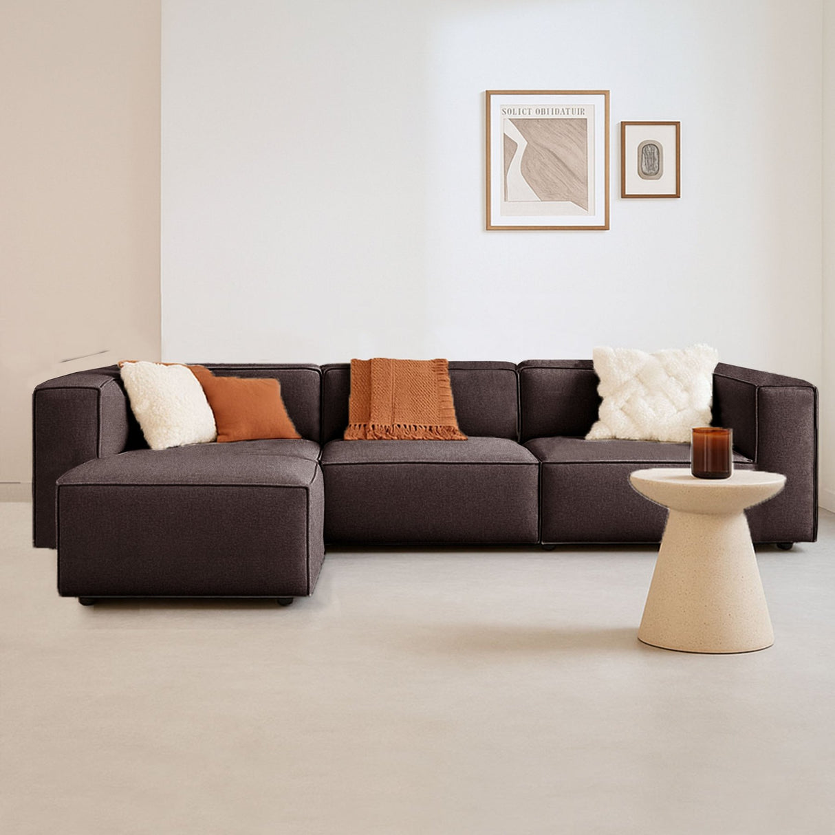 Canapé d'angle modulaire Fora avec repose-pieds amovible en tissu lin - brun foncé 