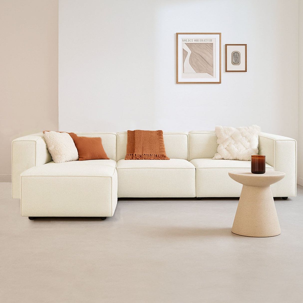 Canapé d'angle modulaire Fora avec pouf amovible en tissu lin - écru 