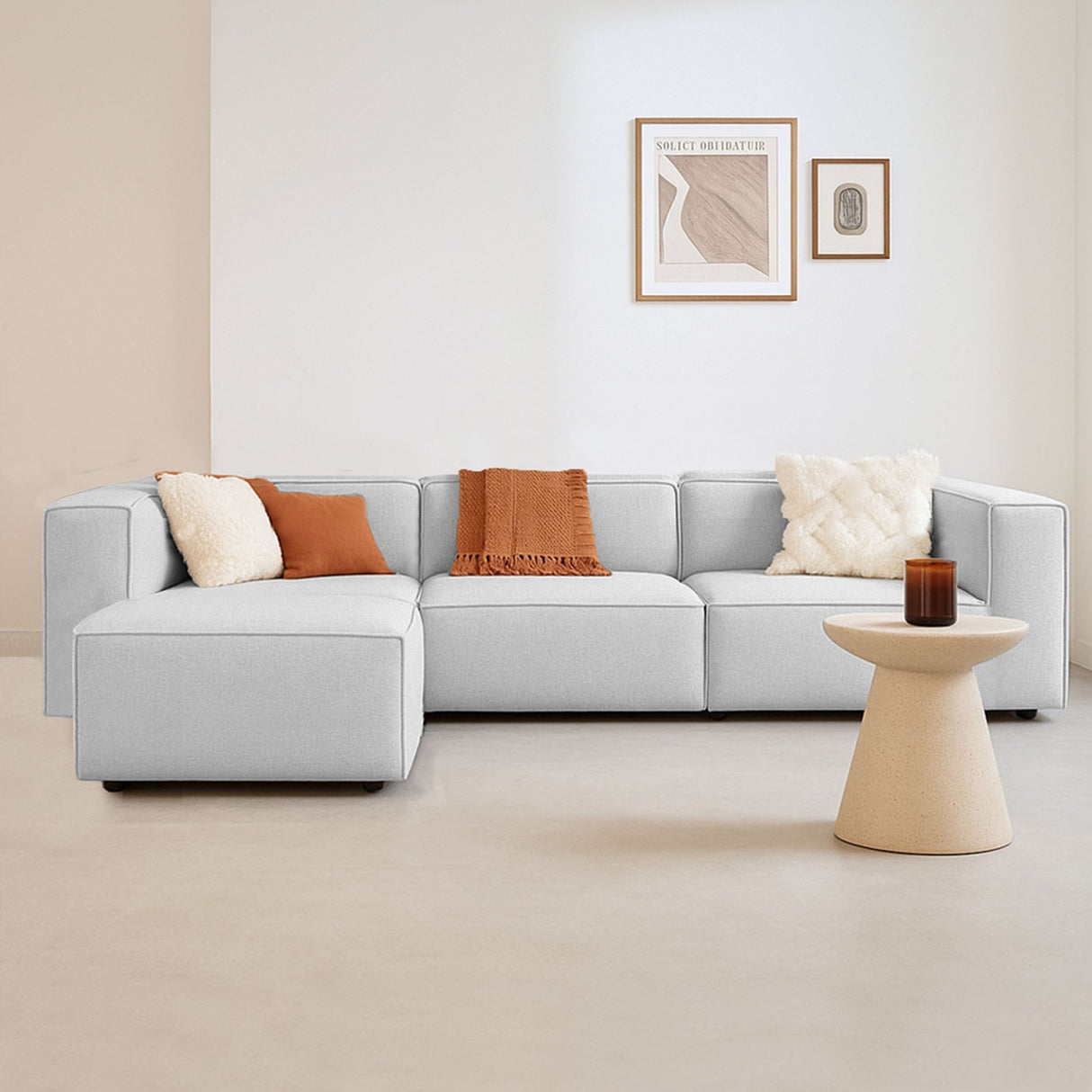 Canapé d'angle modulaire Fora avec pouf amovible en tissu de lin - gris 