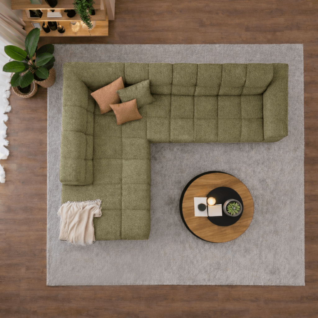 Canapé d’angle avec méridienne en tissu bouclé vert olive Nova – gauche