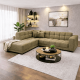 Canapé d’angle avec méridienne en tissu bouclé vert olive Nova – gauche