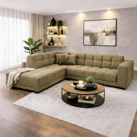 Canapé d’angle avec méridienne en tissu bouclé vert olive Nova – gauche