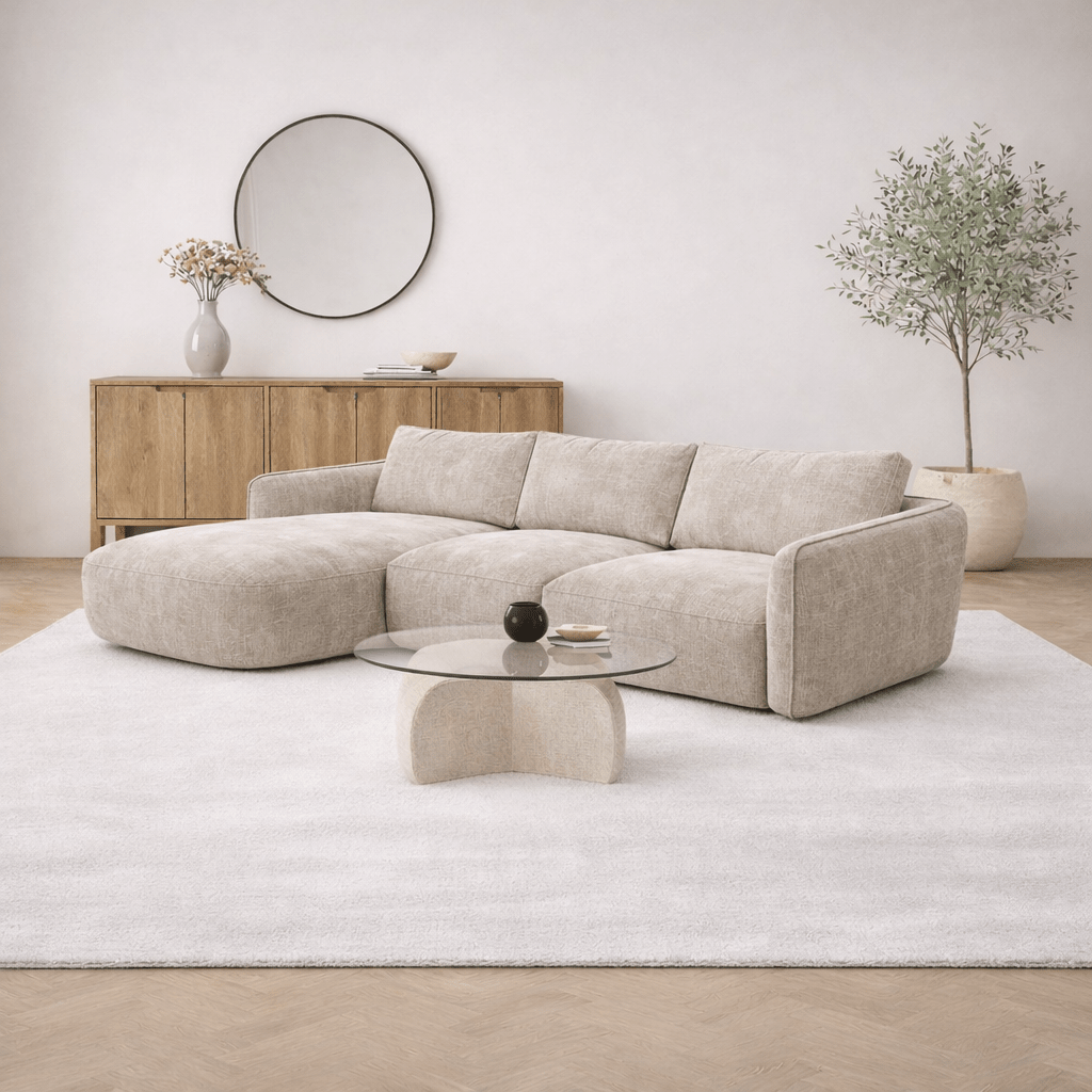 Canapé d'angle chaise longue beige tissu structuré Dwayne - droite