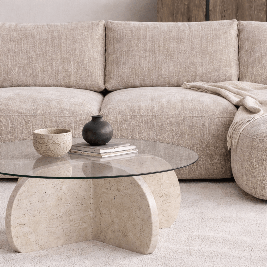 Canapé d'angle chaise longue beige tissu structuré Dwayne - droite