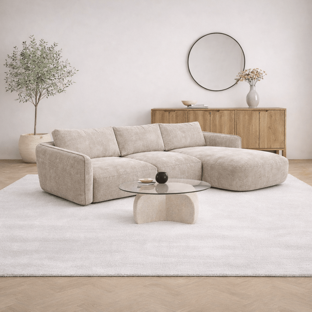 Canapé d'angle chaise longue beige tissu structuré Dwayne - droite