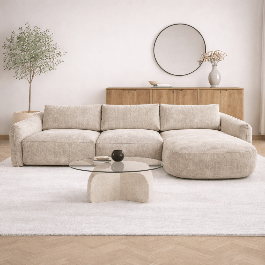 Canapé d'angle chaise longue beige tissu structuré Dwayne - droite