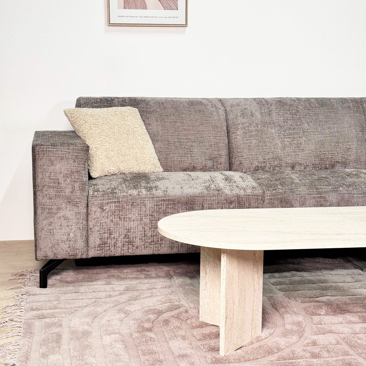 Canapé d'angle avec chaise longue en tissu chenille taupe Manon - à droite 