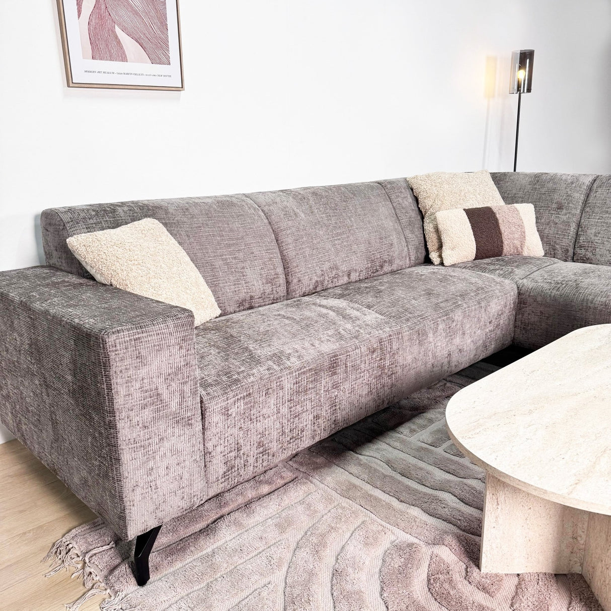 Canapé d'angle avec chaise longue en tissu chenille taupe Manon - à droite 