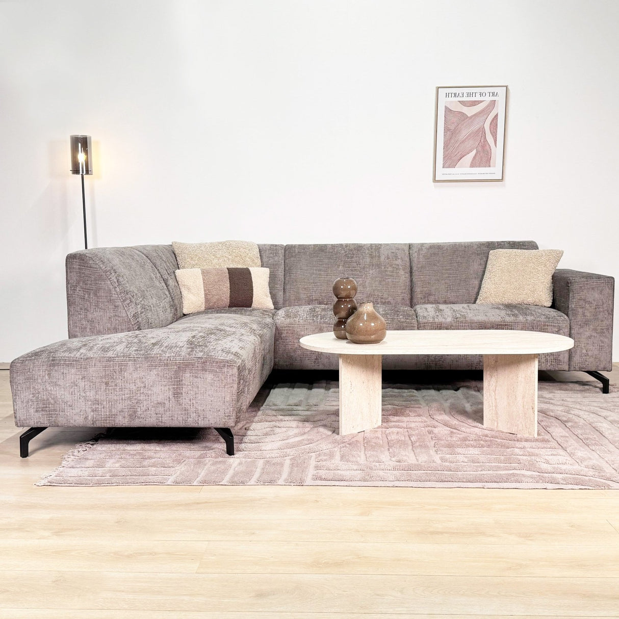 Canapé d'angle avec chaise longue en velours chenille taupe Manon - gauche 
