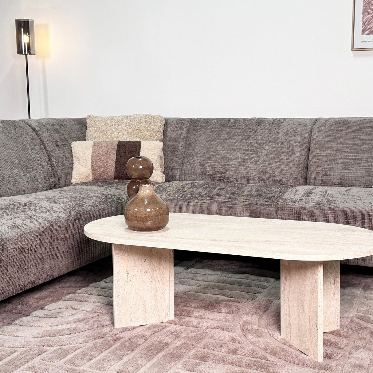 Canapé d'angle avec chaise longue en velours chenille taupe Manon - gauche 