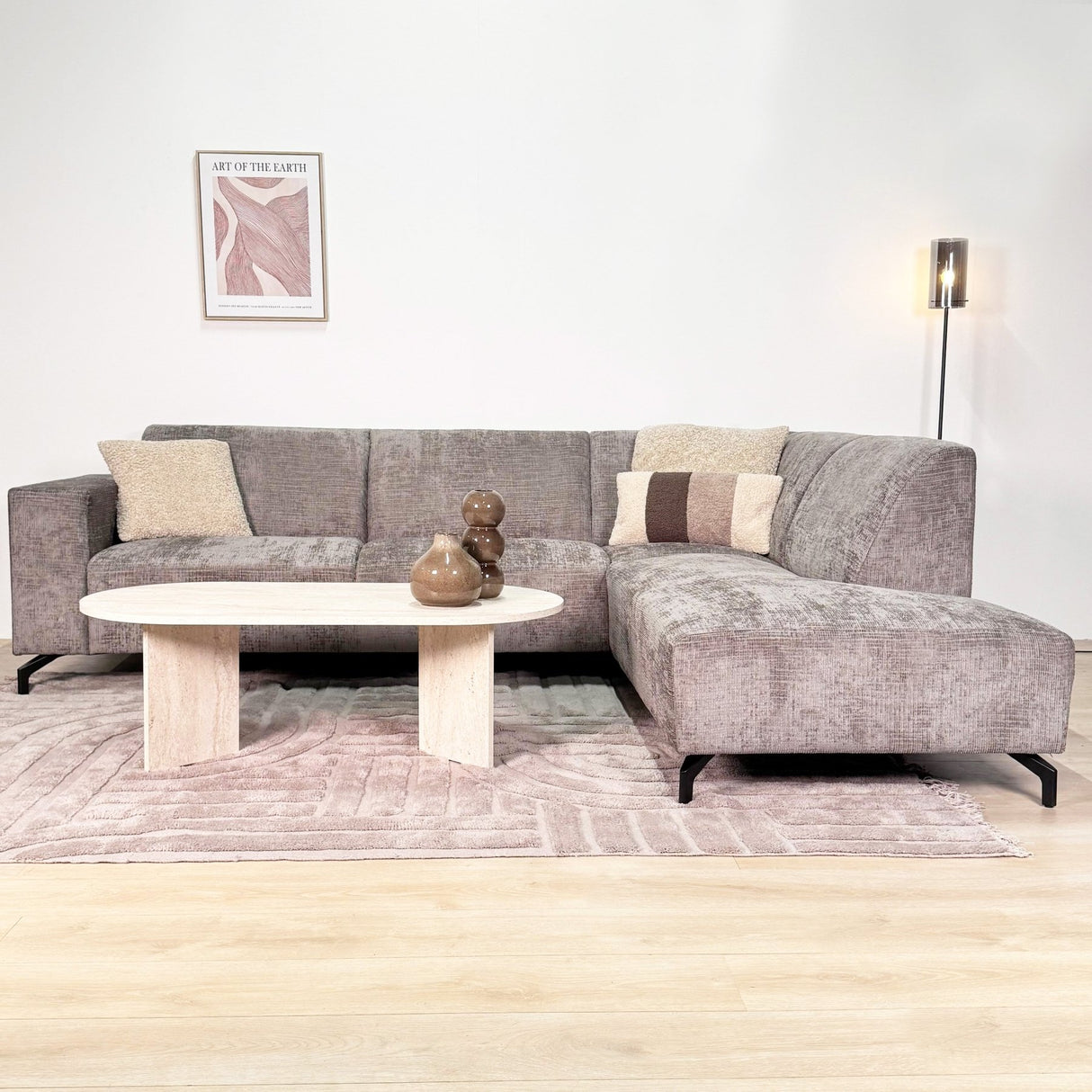 Canapé d'angle avec chaise longue en tissu chenille taupe Manon - à droite 