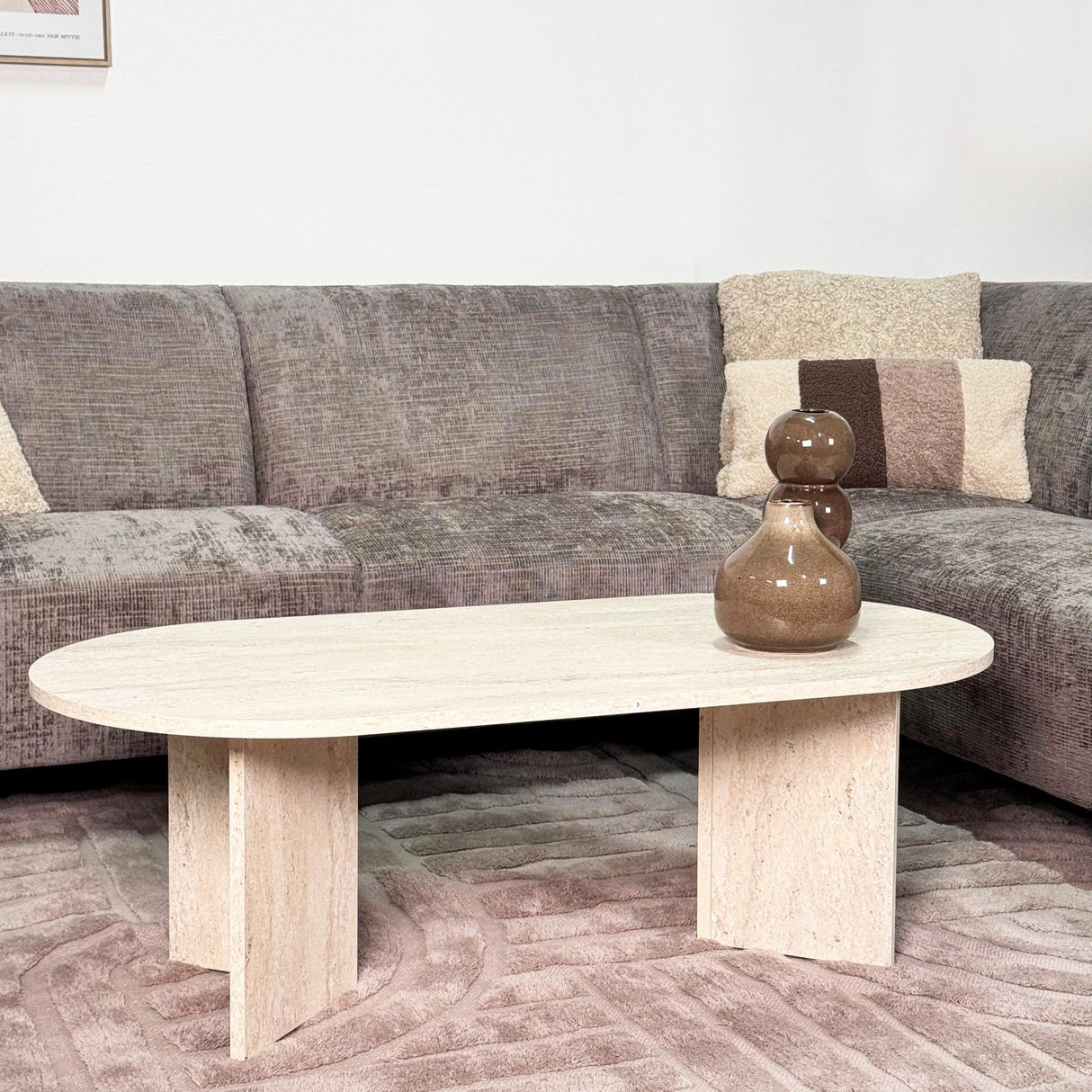 Canapé d'angle avec chaise longue en tissu chenille taupe Manon - à droite 