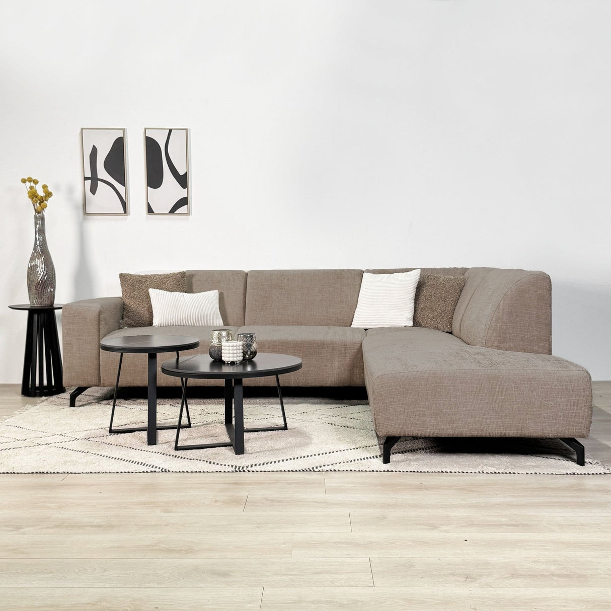 Canapé d'angle manon avec chaise longue sur la droite chenille taupe