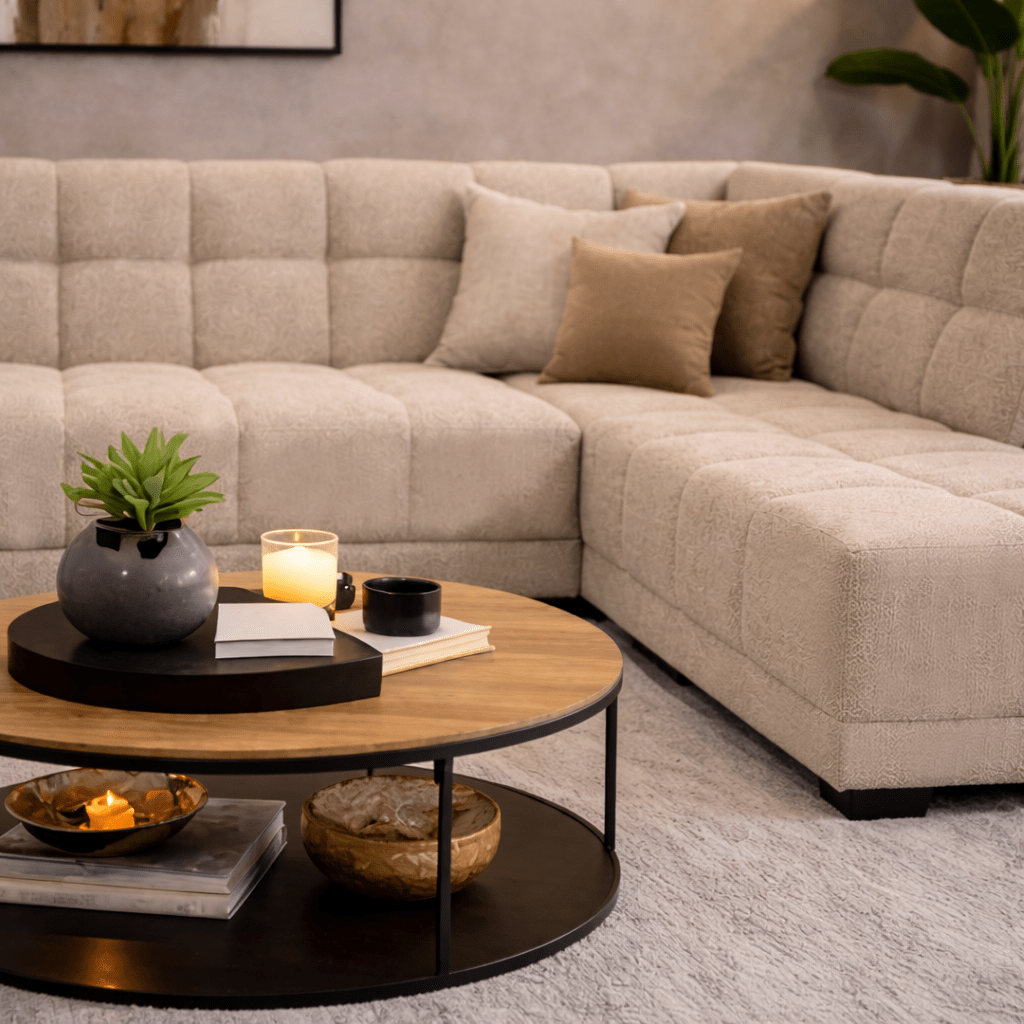 Canapé d’angle avec méridienne en tissu bouclé beige Nova – droite