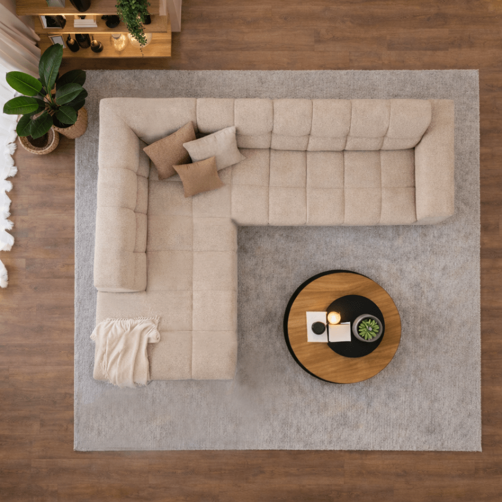 Canapé d’angle avec méridienne en tissu bouclé beige Nova – gauche