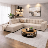 Canapé d’angle avec méridienne en tissu bouclé beige Nova – gauche