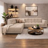 Canapé d’angle avec méridienne en tissu bouclé beige Nova – gauche