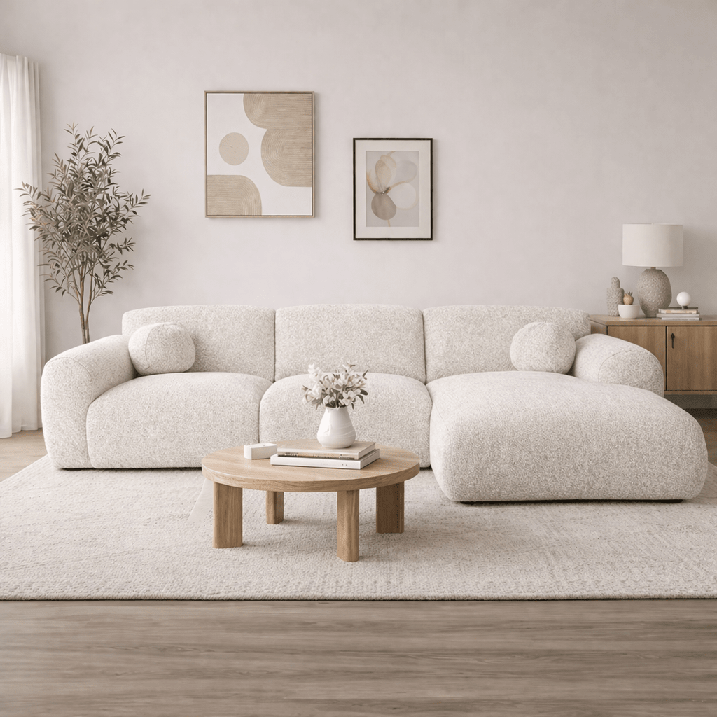 Canapé d'angle tissu bouclé beige - 292x169 cm - Shane - droite