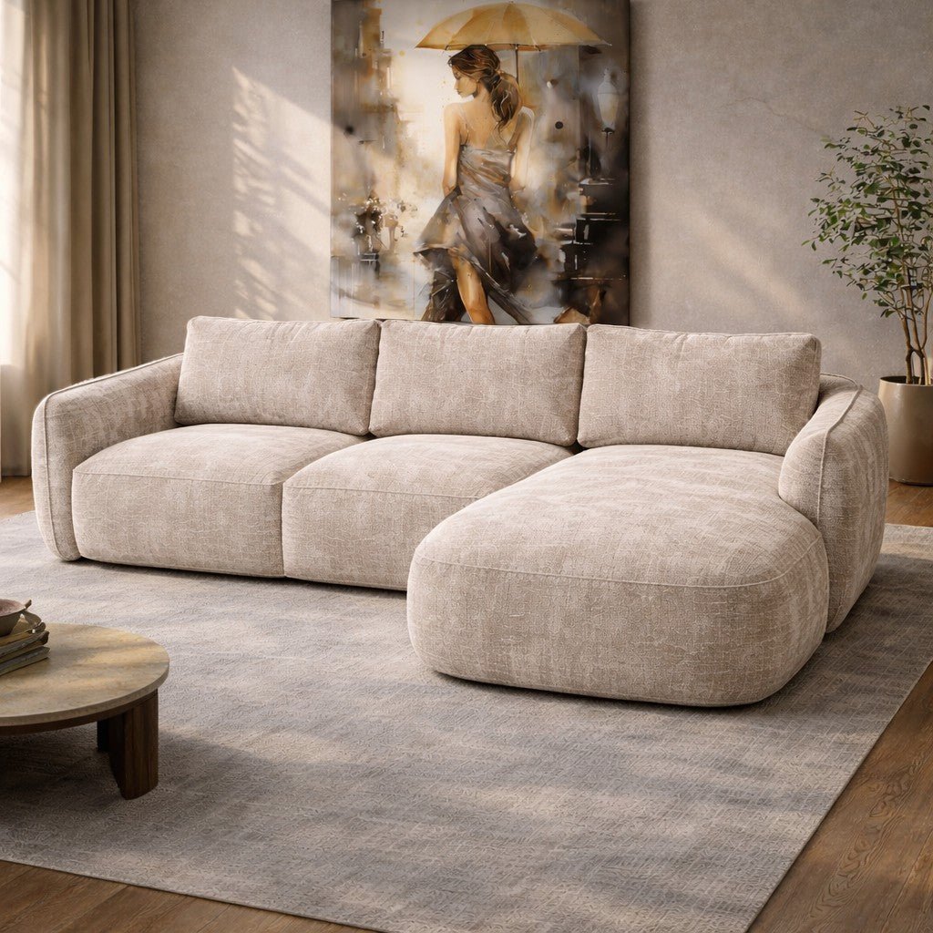 Canapé d'angle chaise longue beige tissu structuré Dwayne - droite