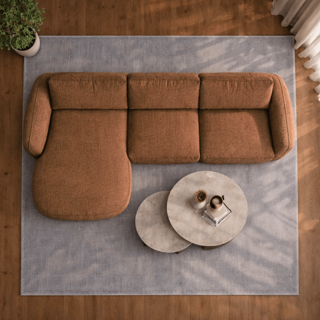 Canapé d'angle chaise longue en tissu structurel cuivré Dwayne - gauche