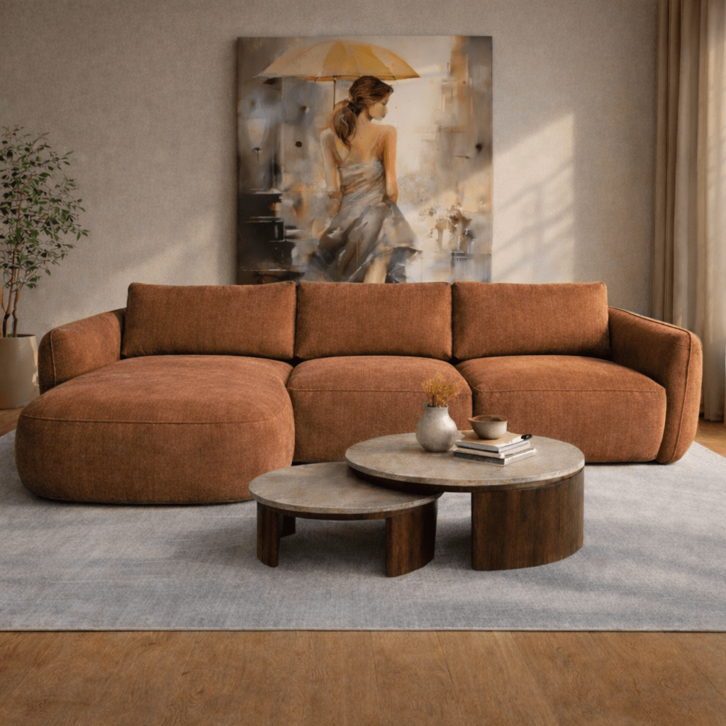 Canapé d'angle chaise longue en tissu structurel cuivré Dwayne - gauche