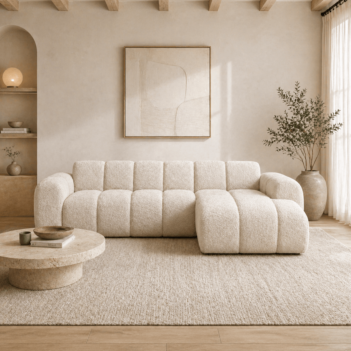 Canapé d'angle lounge tissu bouclé beige - rayures - droit - Brix