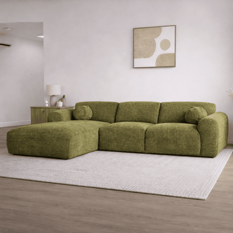 Hoekbank met lounge olijfgroen chenille stof Shane - links