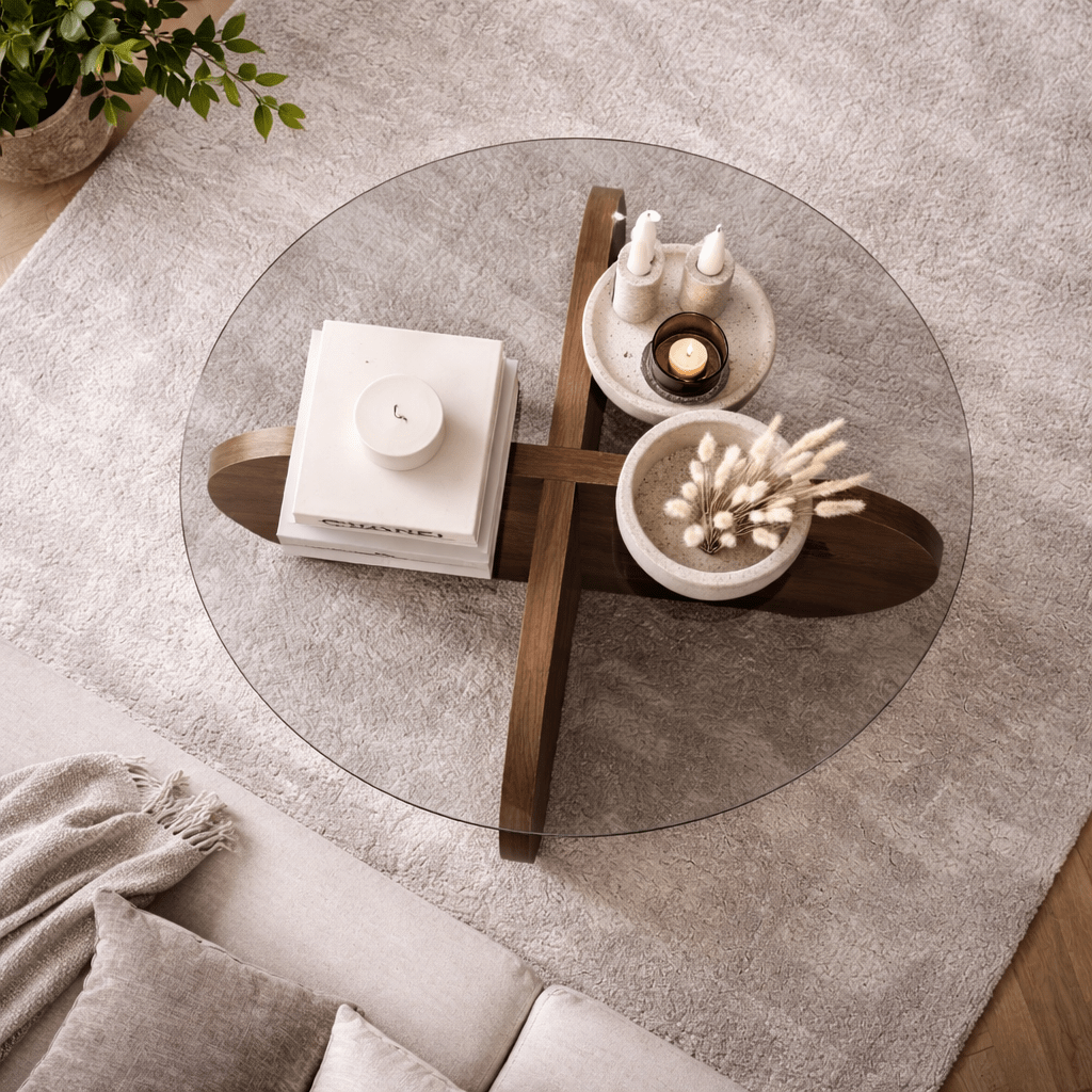 Table basse ronde en verre Aris - Piètement en mélamine noyer 